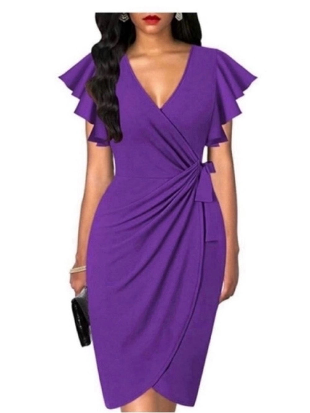 💜 Purple Deep V-Neck Faux Wrap Dress - Size Medium